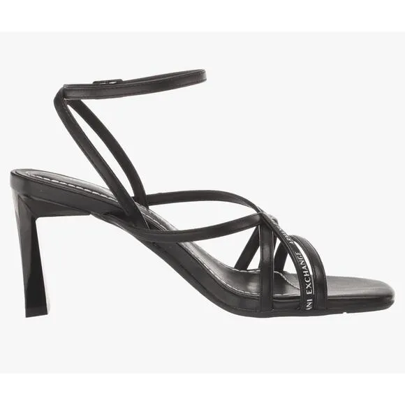 Armani Exchange womens 6 black leather strappy sandals new buckle heel square