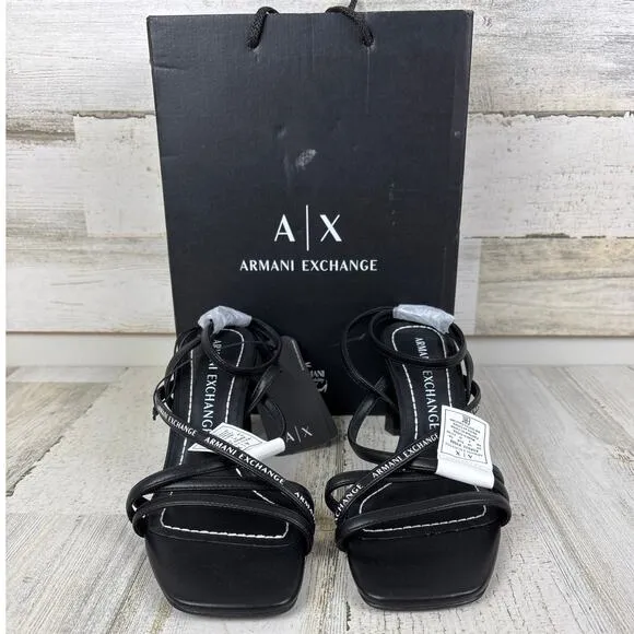 Armani Exchange womens 6 black leather strappy sandals new buckle heel square