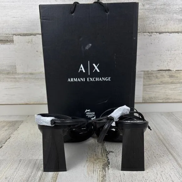 Armani Exchange womens 6 black leather strappy sandals new buckle heel square