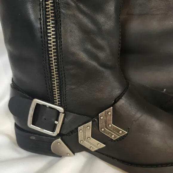 Arturo Chiang Black Leather Adjustable Riding Boots Silver Buckle $159 Size 8