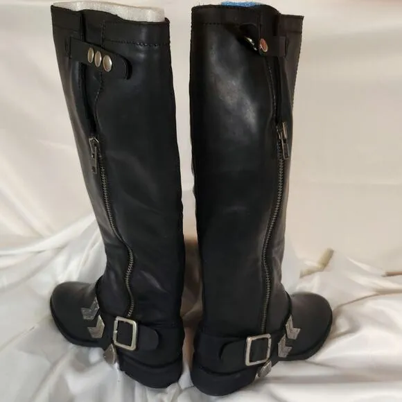 Arturo Chiang Black Leather Adjustable Riding Boots Silver Buckle $159 Size 8