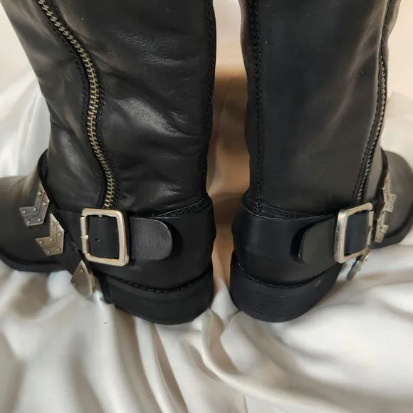 Arturo Chiang Black Leather Adjustable Riding Boots Silver Buckle $159 Size 8