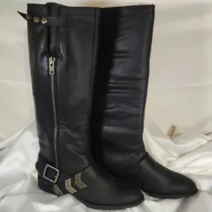 Arturo Chiang Black Leather Adjustable Riding Boots Silver Buckle $159 Size 8