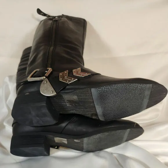 Arturo Chiang Black Leather Adjustable Riding Boots Silver Buckle $159 Size 8
