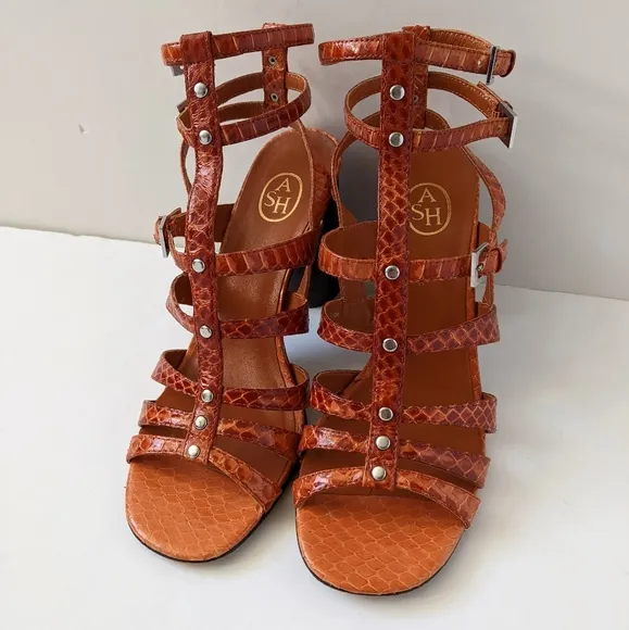 ASH Strappy Gladiator Leather Sandals Burnt Orange Croc | Size 8
