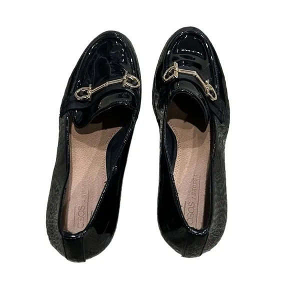 ASOS Black Patent Snaffle Detail Block Heel Loafers Size 7 Women's