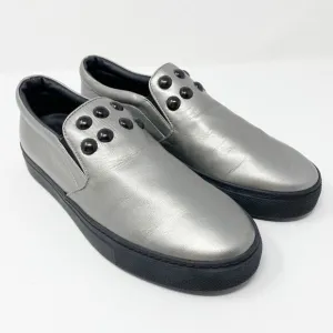 Atelier Notify Italian Leather Silver Loafers with Dome Embellishments 39