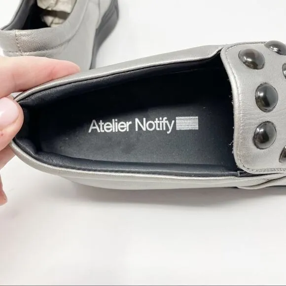 Atelier Notify Italian Leather Silver Loafers with Dome Embellishments 39