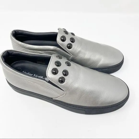 Atelier Notify Italian Leather Silver Loafers with Dome Embellishments 39