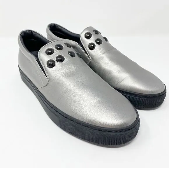 Atelier Notify Italian Leather Silver Loafers with Dome Embellishments 39