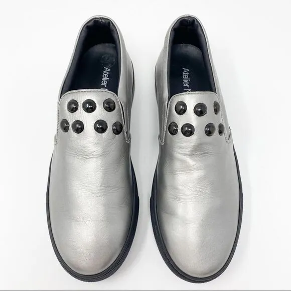 Atelier Notify Italian Leather Silver Loafers with Dome Embellishments 39