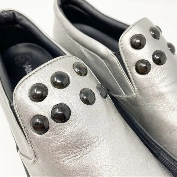 Atelier Notify Italian Leather Silver Loafers with Dome Embellishments 39