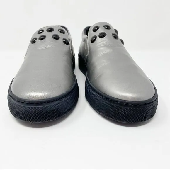 Atelier Notify Italian Leather Silver Loafers with Dome Embellishments 39