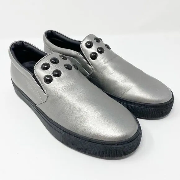 Atelier Notify Italian Leather Silver Loafers with Dome Embellishments 39