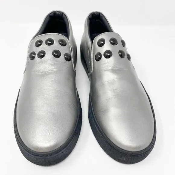 Atelier Notify Italian Leather Silver Loafers with Dome Embellishments 39