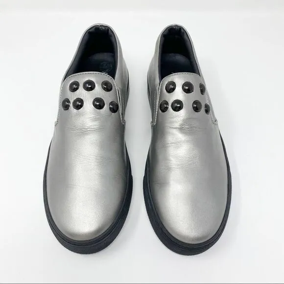 Atelier Notify Italian Leather Silver Loafers with Dome Embellishments 39