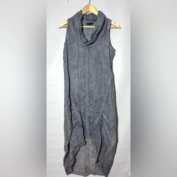 Athena Marie dyed linen dress, modern, asymmetric grey cowl neck