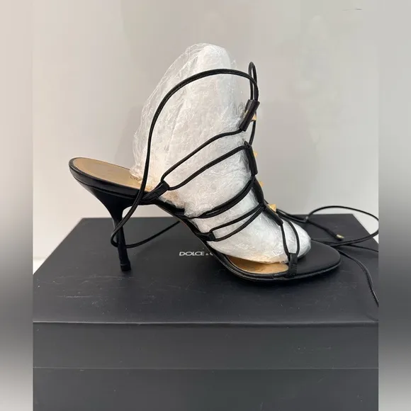 AUTHENTIC DOLCE&amp;GABBANA Black Gladiator Sandals with Gold Accents