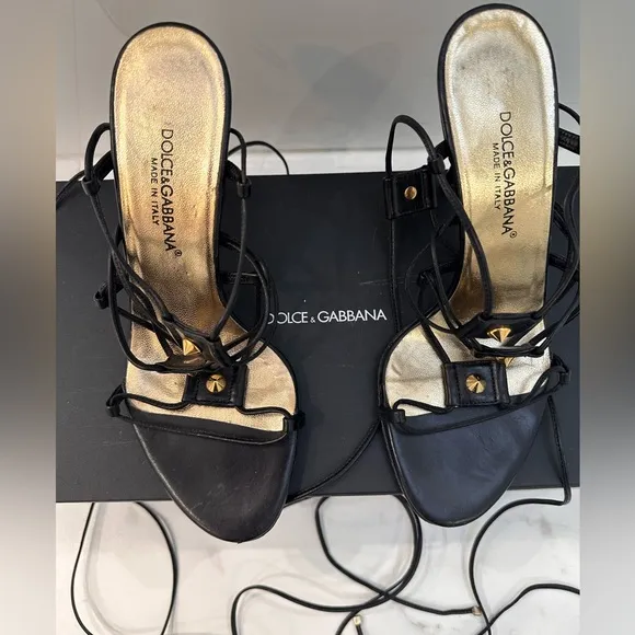 AUTHENTIC DOLCE&amp;GABBANA Black Gladiator Sandals with Gold Accents