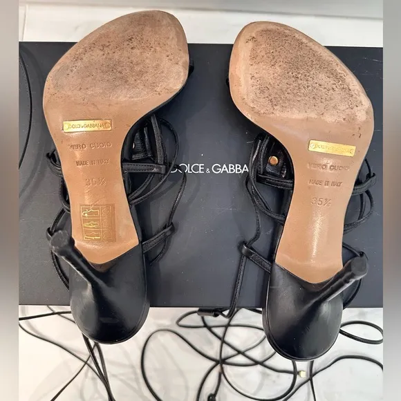 AUTHENTIC DOLCE&amp;GABBANA Black Gladiator Sandals with Gold Accents