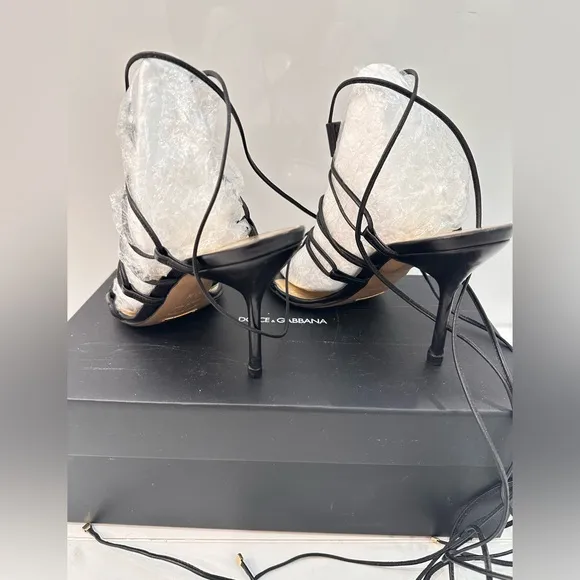 AUTHENTIC DOLCE&amp;GABBANA Black Gladiator Sandals with Gold Accents