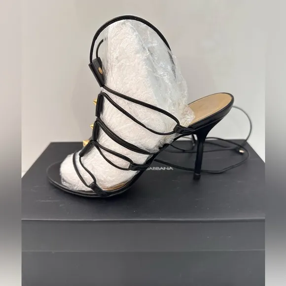 AUTHENTIC DOLCE&amp;GABBANA Black Gladiator Sandals with Gold Accents