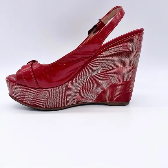 AUTHENTIC FENDI Red Patent Leather Platform Wedge Sandals Buckle Detail …