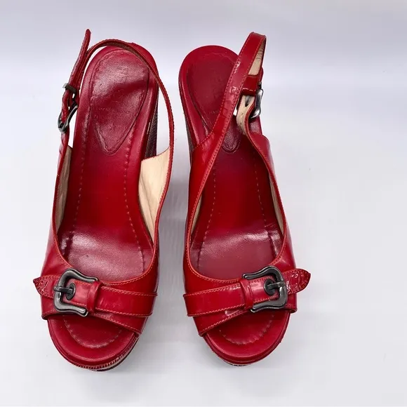 AUTHENTIC FENDI Red Patent Leather Platform Wedge Sandals Buckle Detail …
