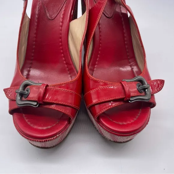 AUTHENTIC FENDI Red Patent Leather Platform Wedge Sandals Buckle Detail …