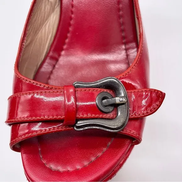 AUTHENTIC FENDI Red Patent Leather Platform Wedge Sandals Buckle Detail …