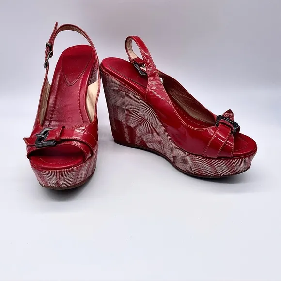 AUTHENTIC FENDI Red Patent Leather Platform Wedge Sandals Buckle Detail …