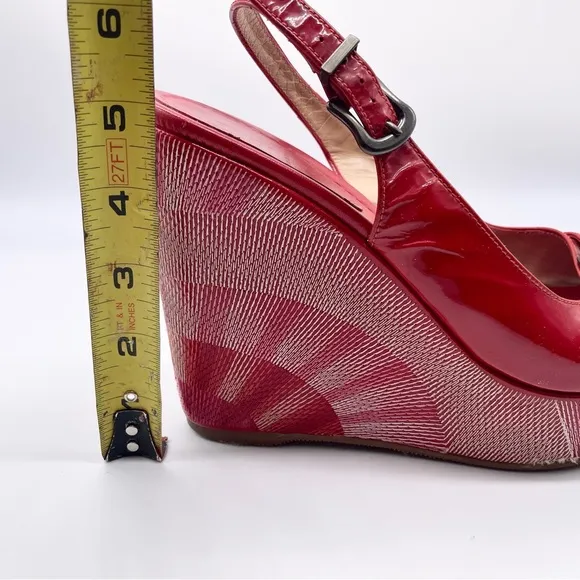 AUTHENTIC FENDI Red Patent Leather Platform Wedge Sandals Buckle Detail …