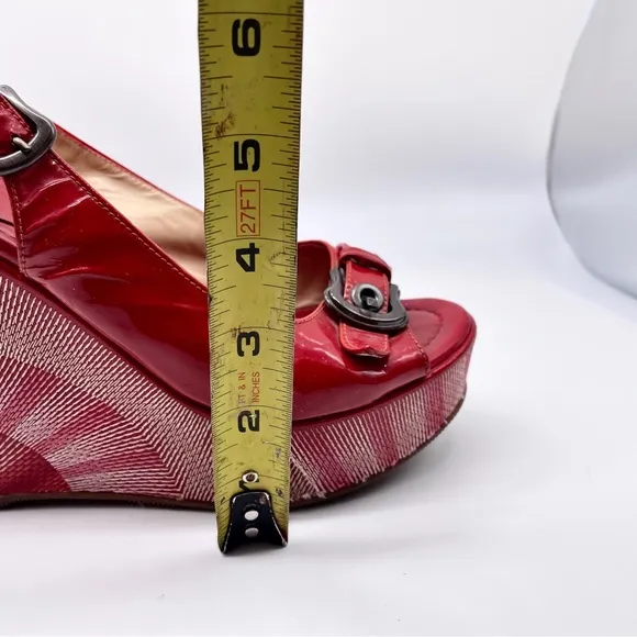 AUTHENTIC FENDI Red Patent Leather Platform Wedge Sandals Buckle Detail …
