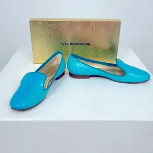Avec Modération Mazzarina Turquoise Leather Slip on Loafers.