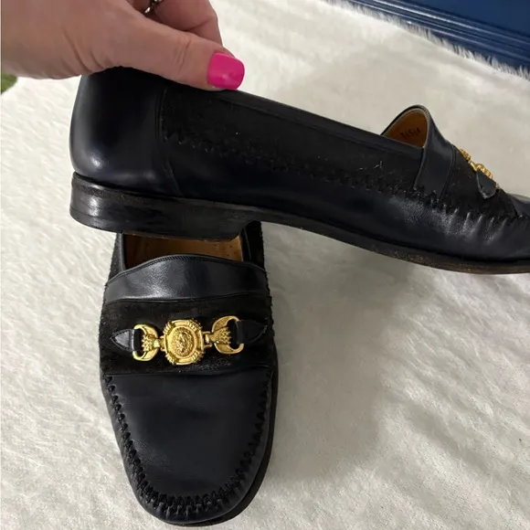 Aventura Black Leather Loafers with Gold Lion head Embellishment Size 12 M