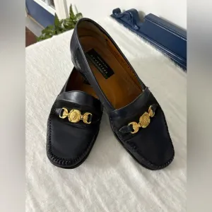 Aventura Black Leather Loafers with Gold Lion head Embellishment Size 12 M