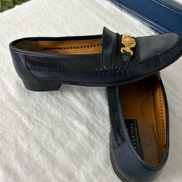 Aventura Black Leather Loafers with Gold Lion head Embellishment Size 12 M