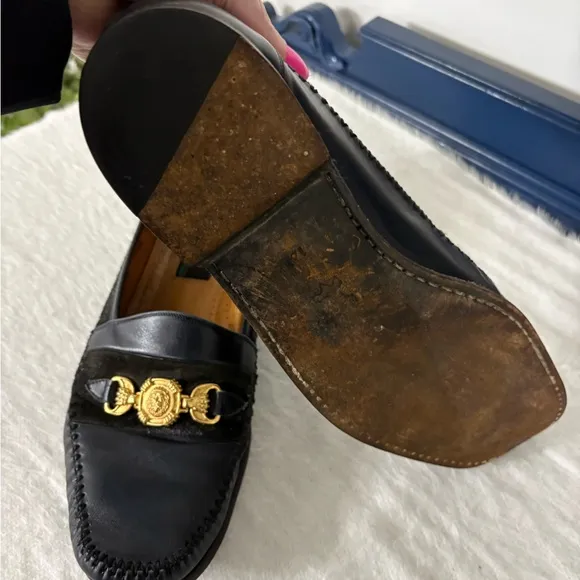 Aventura Black Leather Loafers with Gold Lion head Embellishment Size 12 M