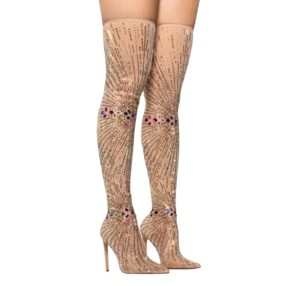 Azalea Wang CHAVELLE Thigh High Rhinestone Stretch Mesh Stiletto STATEMENT Boots