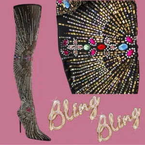 Azalea Wang CHAVELLE Thigh High Rhinestone Stretch Mesh Stiletto STATEMENT Boots