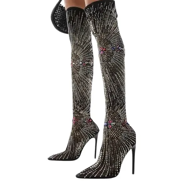Azalea Wang CHAVELLE Thigh High Rhinestone Stretch Mesh Stiletto STATEMENT Boots