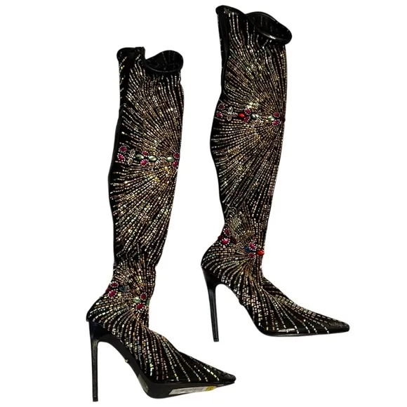 Azalea Wang CHAVELLE Thigh High Rhinestone Stretch Mesh Stiletto STATEMENT Boots