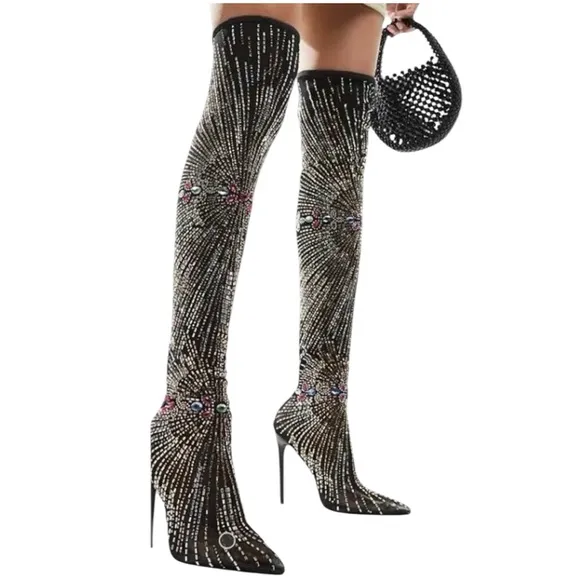 Azalea Wang CHAVELLE Thigh High Rhinestone Stretch Mesh Stiletto STATEMENT Boots