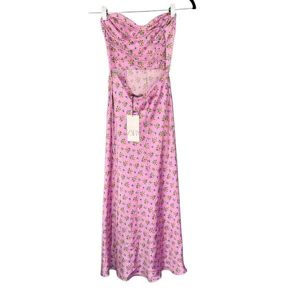 B8 ZARA Women's Floral Satin Strappy Midi‎ Dress Mauve Stretch
