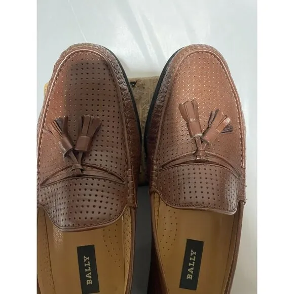 Bally Mens Brown Perforated Leather Loafers With Tassels Size 9D