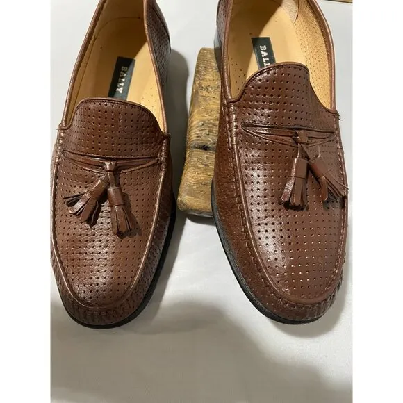 Bally Mens Brown Perforated Leather Loafers With Tassels Size 9D