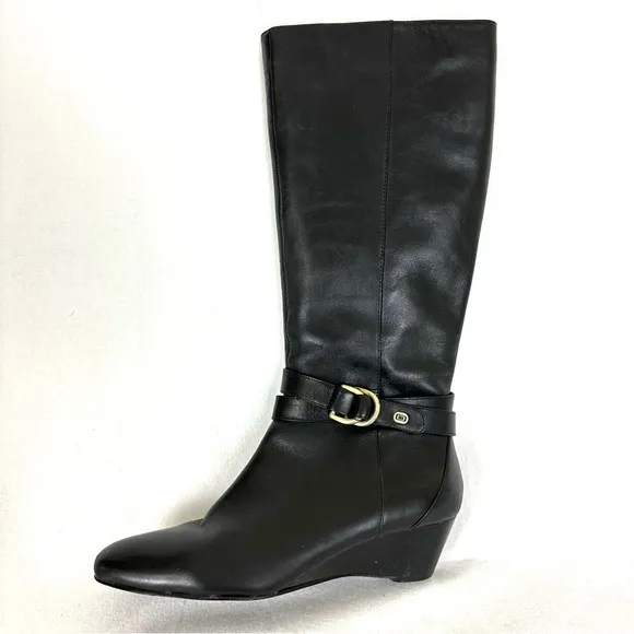 BANDOLINO Women’s Black Leather Riding Boots Wedge Heel Full Zip, Size 8