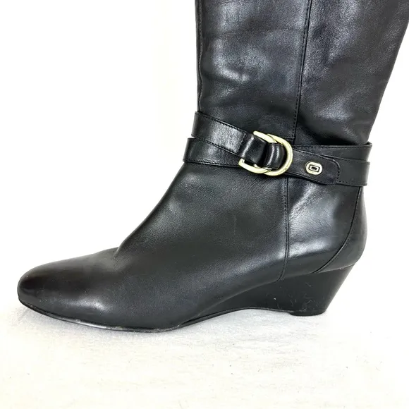 BANDOLINO Women’s Black Leather Riding Boots Wedge Heel Full Zip, Size 8