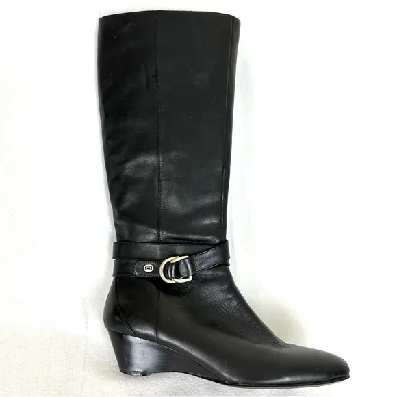 BANDOLINO Women’s Black Leather Riding Boots Wedge Heel Full Zip, Size 8