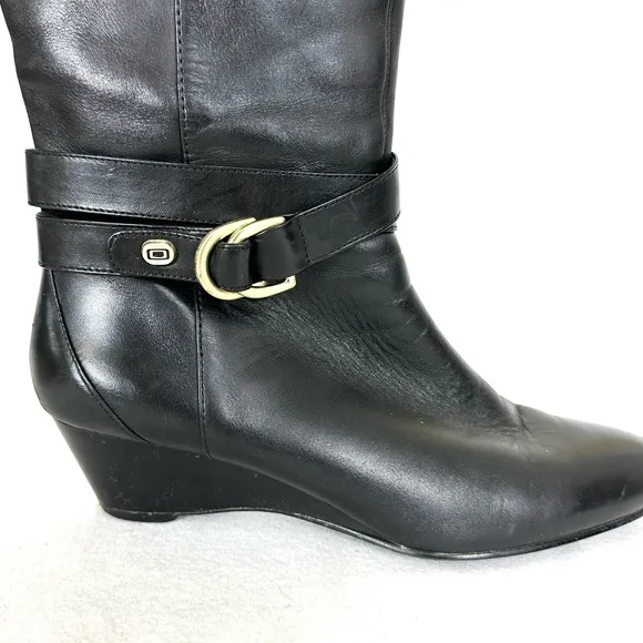 BANDOLINO Women’s Black Leather Riding Boots Wedge Heel Full Zip, Size 8